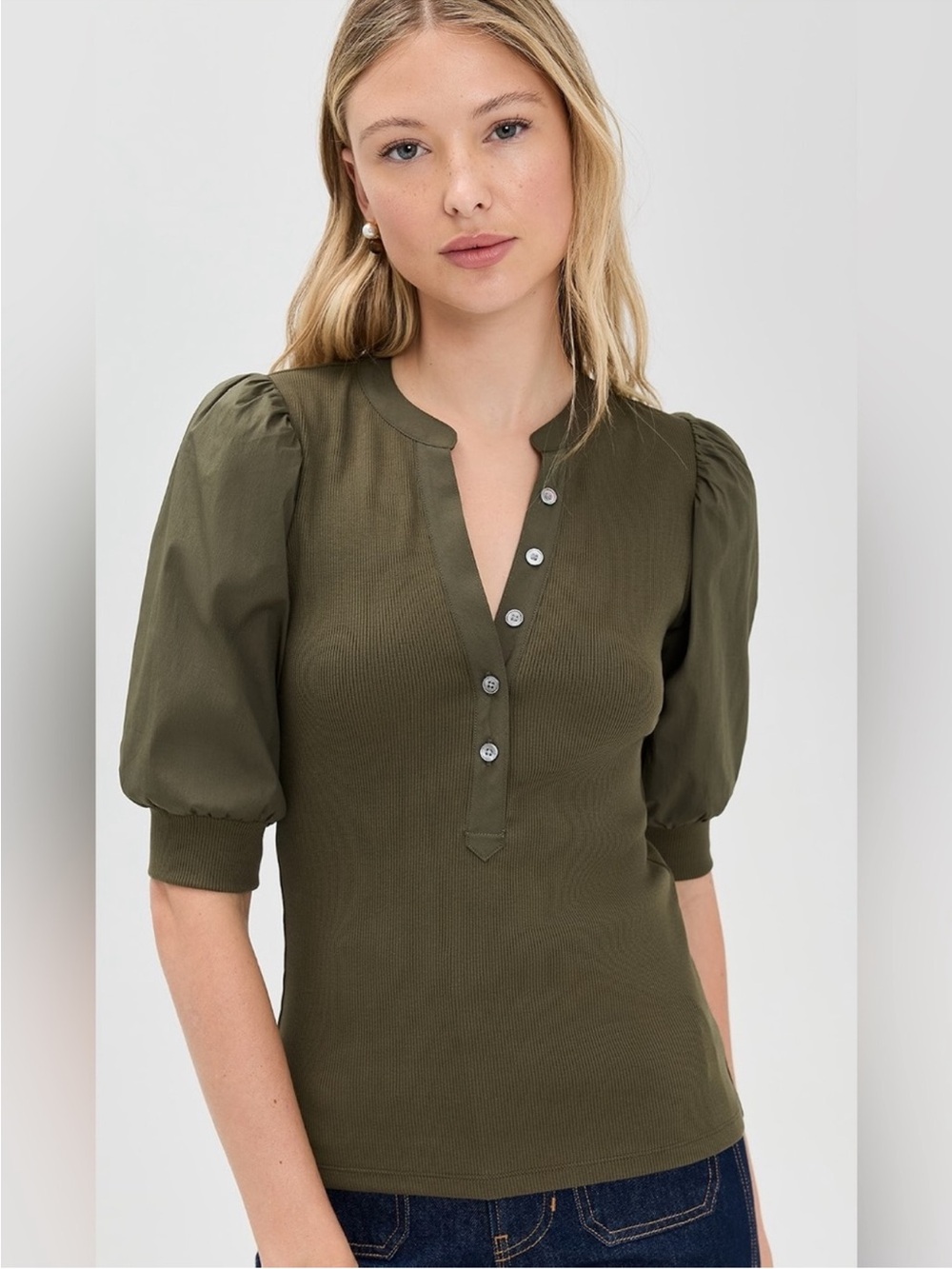 Veronica Beard Coralee Puff Sleeve Top Shirt Olive Green